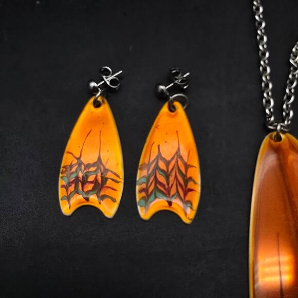 Sheffield England 1970s Orange Enamel Pendant Necklace Earrings Set - Picture 5 of 11